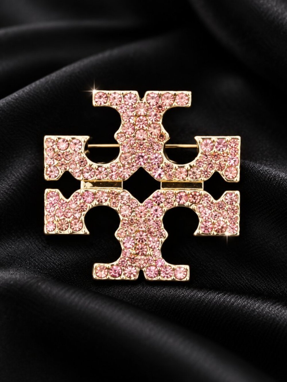 Tory Burch Logo Miller Brooch Pink Crystal Gold Brooch Pin